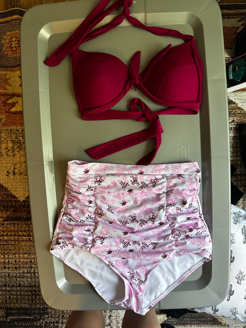 SHEIN Magenta Halter Bikini Top with Pink Floral High-Waist Bottoms